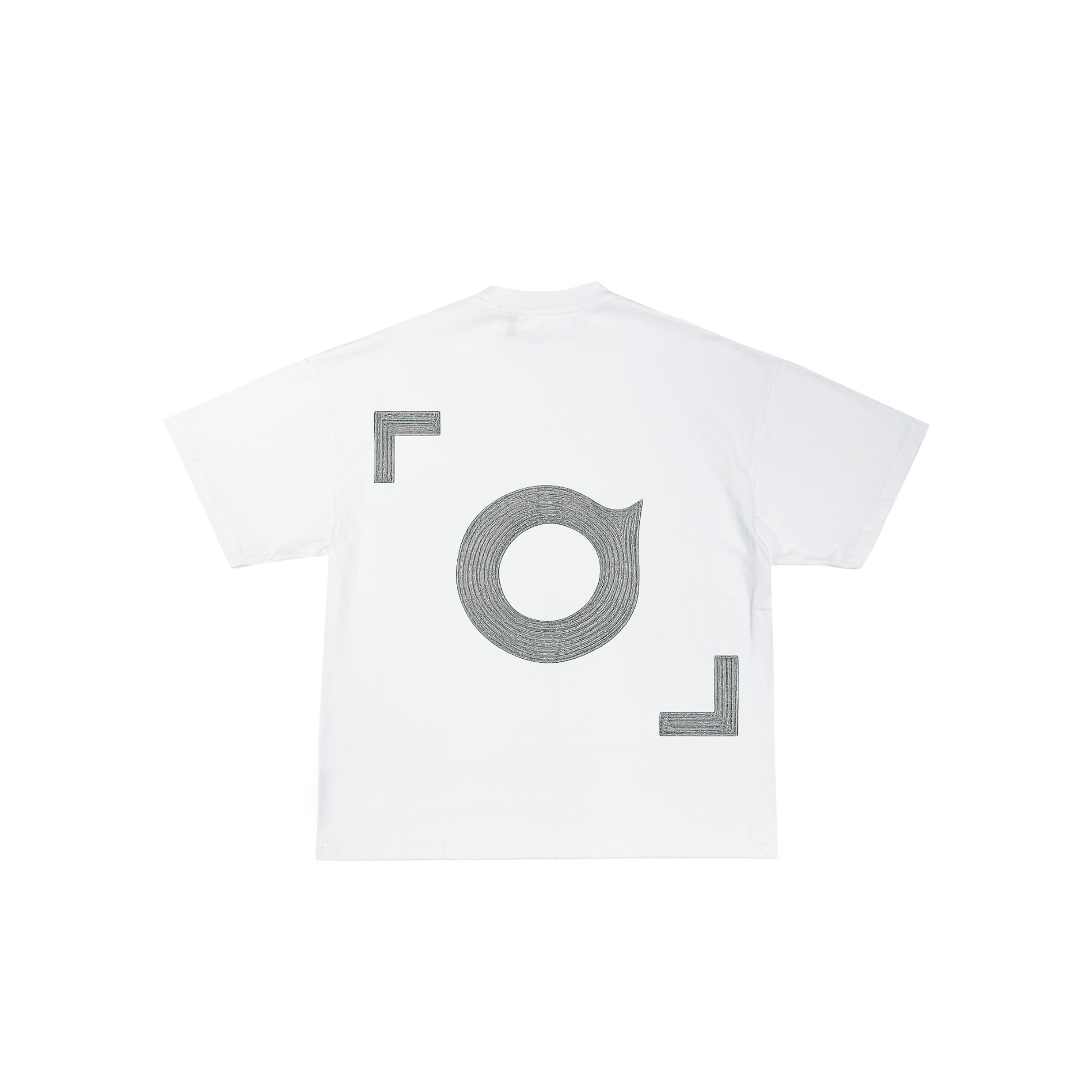 White t-shirt with gray geometric design on a white background