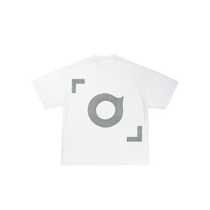 White t-shirt with gray geometric design on a white background