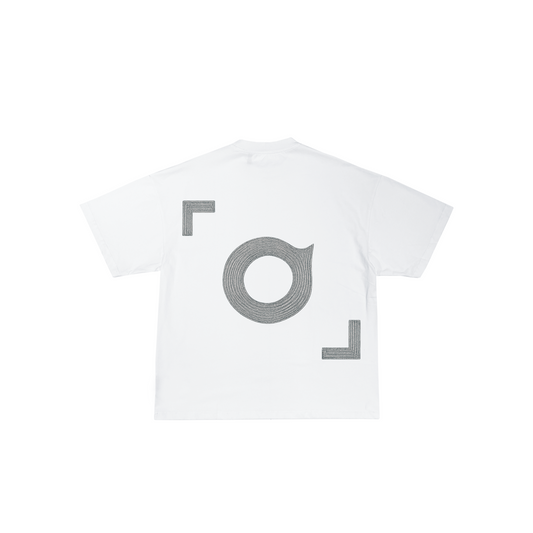 White t-shirt with gray geometric design on a white background